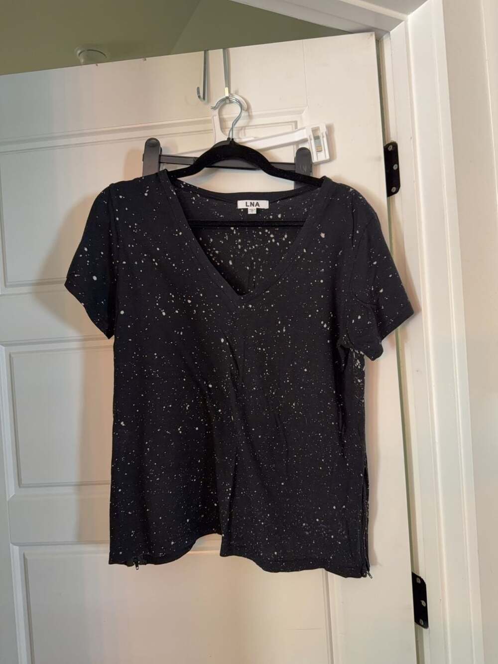 LNA Size S Black Paint Splatter V-Neck T-Shirt with Side Zippers
